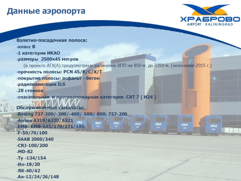 Данные аэропорта Взлетно-посадочная полоса: класс В 1 категория ИКАО размеры 2500x45 метров