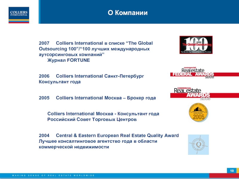 10О Компании2007	Colliers International в списке “The Global 	Outsourcing 100”/“100 лучших международных 	аутсорсинговых