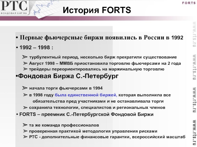 История FORTS Первые фьючерсные биржи появились в России в 1992 1992