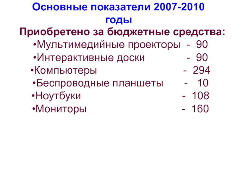 Основные показатели 2007-2010 годы  Приобретено за бюджетные средства: Мультимедийные проекторы -