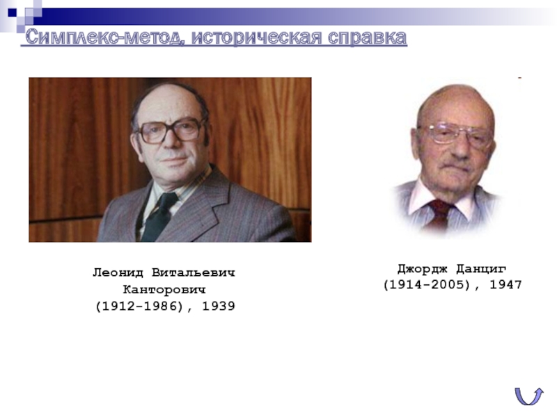 Симплекс-метод, историческая справка	Джордж Данциг (1914-2005), 1947Леонид Витальевич Канторович (1912-1986), 1939