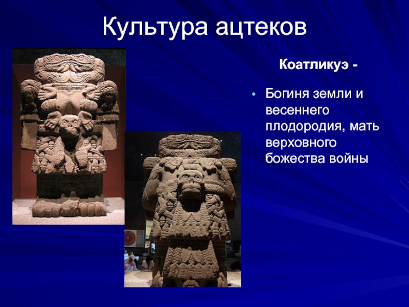 Культура ацтековКоатликуэ -Богиня земли и весеннего плодородия, мать верховного божества войны