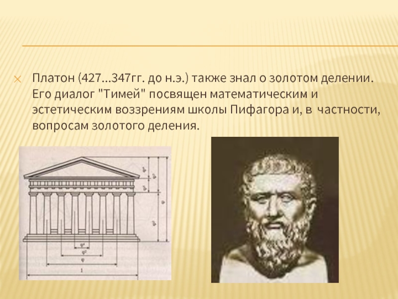 Платон (427...347гг. до н.э.) также знал о золотом делении. Его диалог