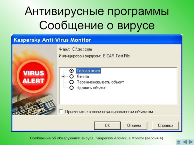 Антивирусные программы Сообщение о вирусеСообщение об обнаружении вируса. Kaspersky Anti-Virus Monitor (версия 4)