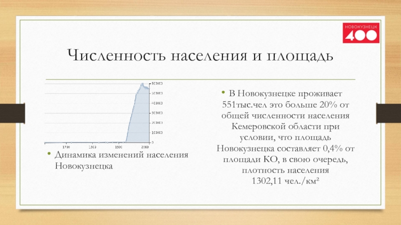 Численность населения и площадьДинамика изменений населения НовокузнецкаВ Новокузнецке проживает 551тыс.чел это больше