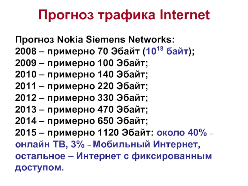 Прогноз трафика Internet     Прогноз Nokia Siemens Networks: 2008