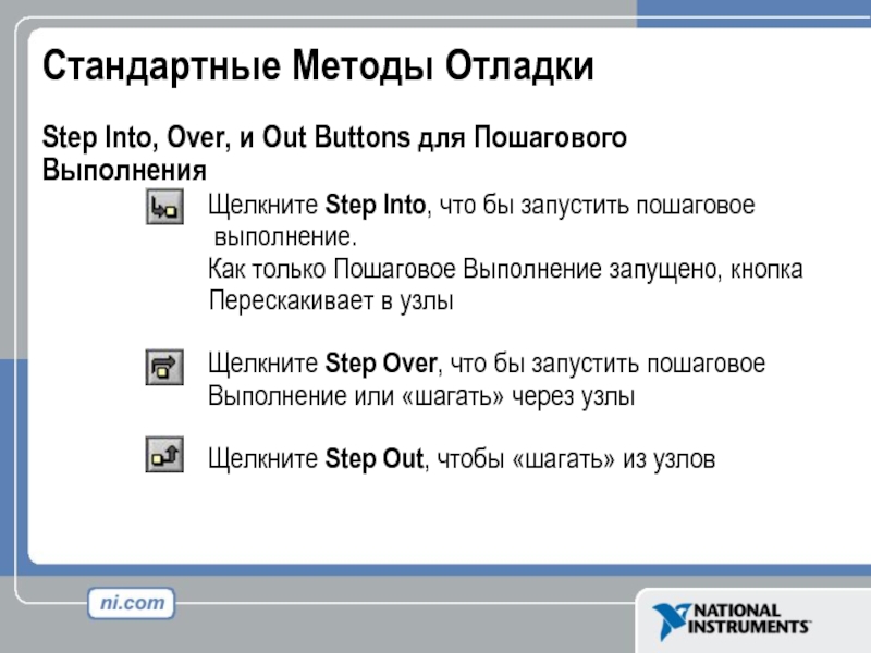 Стандартные Методы Отладки Step Into, Over, и Out Buttons для Пошагового Выполнения