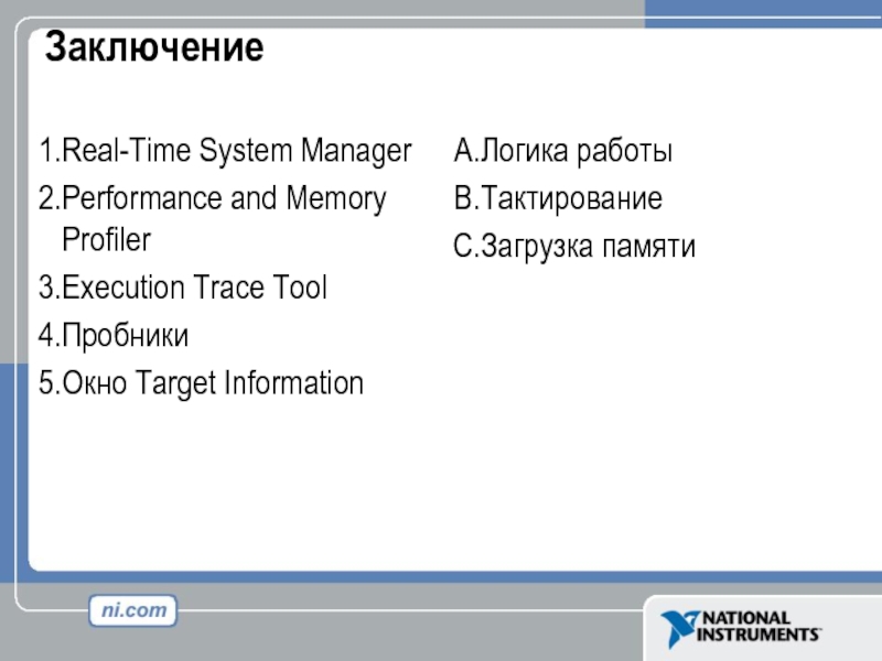 Заключение Real-Time System Manager Performance and Memory Profiler Execution Trace Tool Пробники