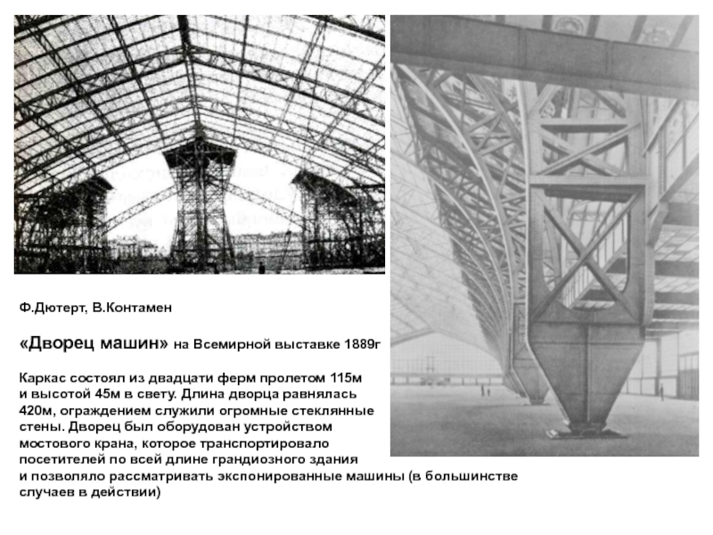 Ф.Дютерт, В.Контамен«Дворец машин» на Всемирной выставке 1889гКаркас состоял из двадцати ферм