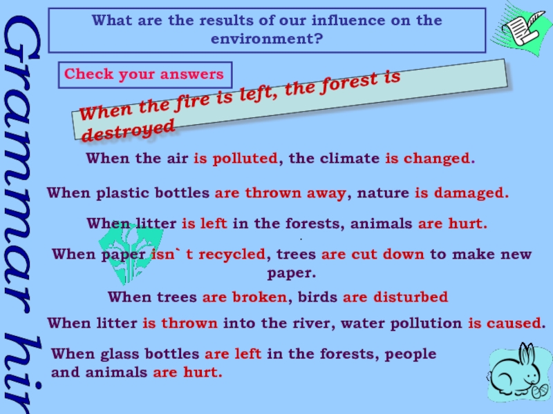 Grammar hintWhat are the results of our influence on the environment?Check