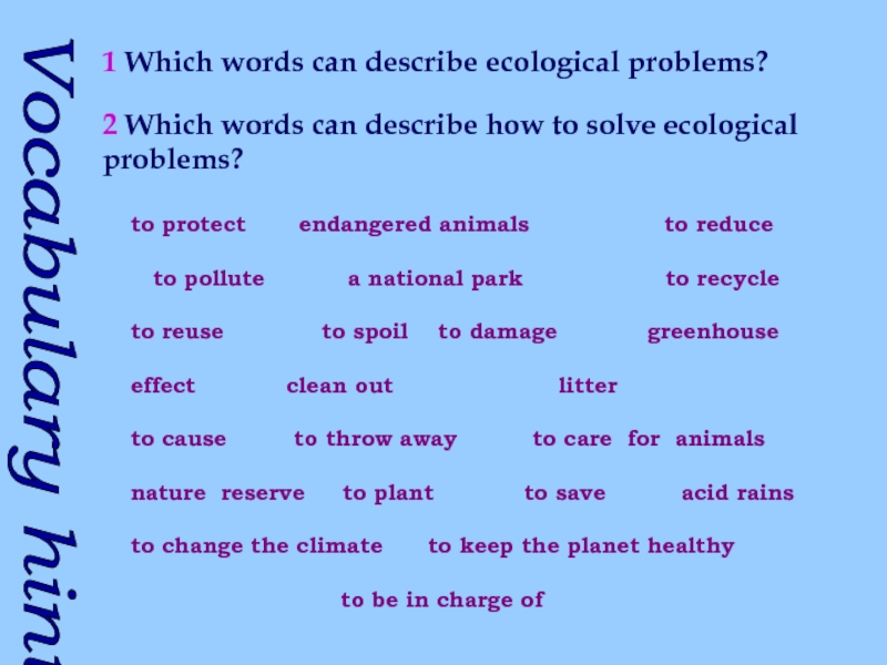 Vocabulary hint1 Which words can describe ecological problems?2 Which words can