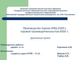 Производство пороха АПЦ-235П с годовой производительностью 6000 т