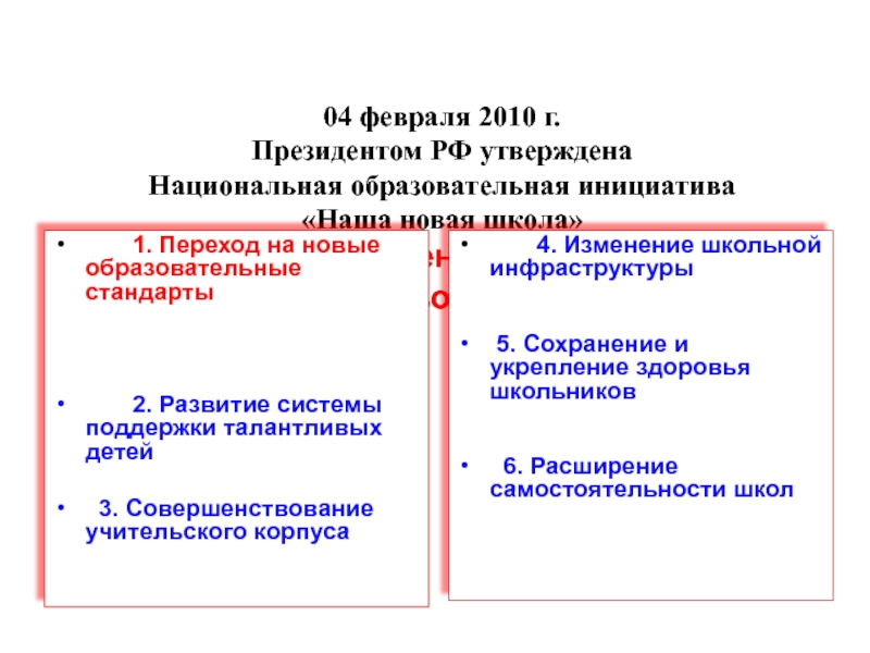 04 февраля 2010 г. Президентом РФ утверждена  Национальная образовательная