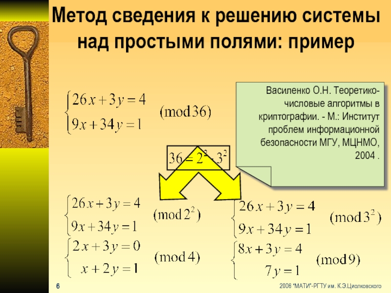 Метод сведения к решению системы над простыми полями: примерВасиленко О.Н. Теоретико-числовые