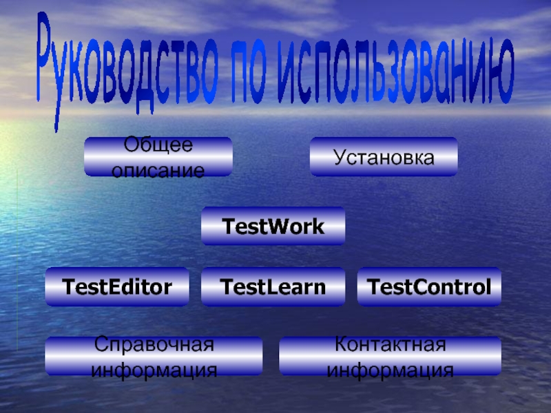Руководство по использованию Общее описание Установка TestWork TestEditor TestLearn TestControl Справочная информация Контактная информация