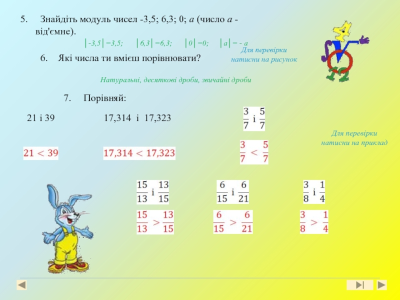 5. 	Знайдіть модуль чисел -3,5; 6,3; 0; a (число a - від'ємне).6.