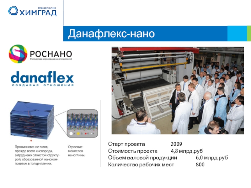 Данафлекс-наноСтарт проекта			2009 Стоимость проекта		4,8 млрд.рубОбъем валовой продукции		6,0 млрд.рубКоличество рабочих мест		800