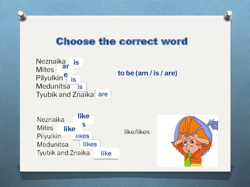 Choose the correct word Neznaika Mites Pilyulkin Medunitsa Tyubik and Znaika to