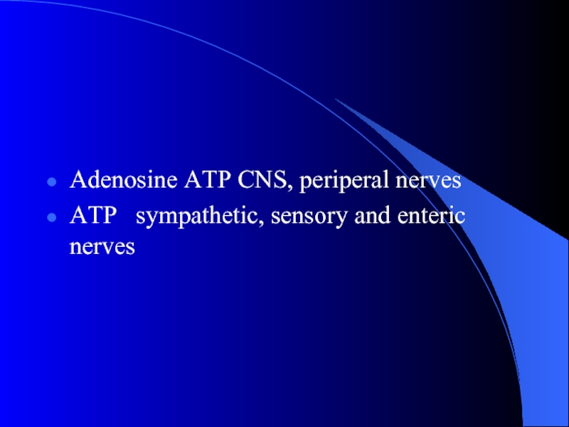 Adenosine ATP CNS, periperal nerves ATP  sympathetic, sensory and enteric nerves