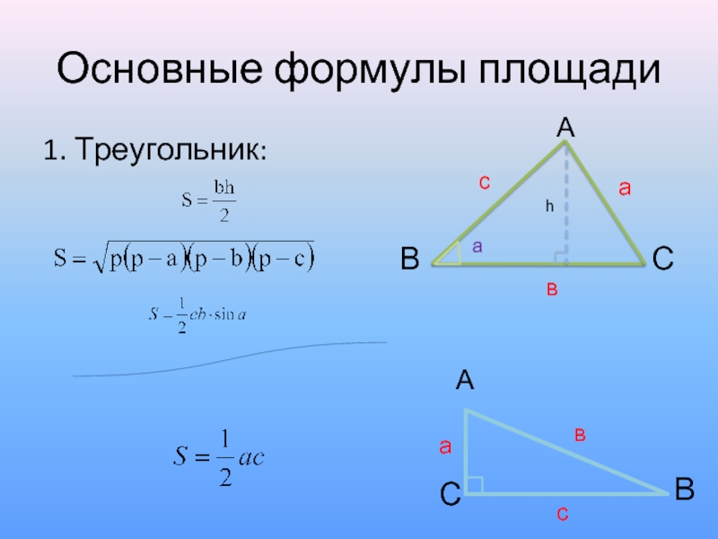 Презентация площади треугольника. Площадь треугольника. Основные формулы треугольника. Основные формулы площади треугольника. Площадь треугольника 3 формулы основные.