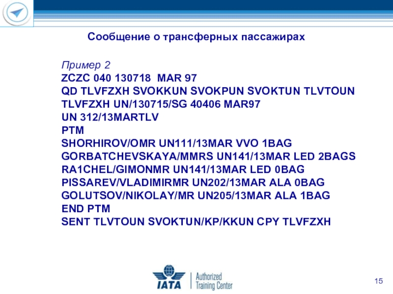 Пример 2 ZCZC 040 130718 MAR 97 QD TLVFZXH SVOKKUN