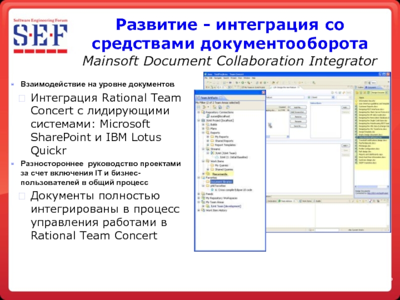Развитие - интеграция со средствами документооборота Mainsoft Document Collaboration Integrator Взаимодействие на