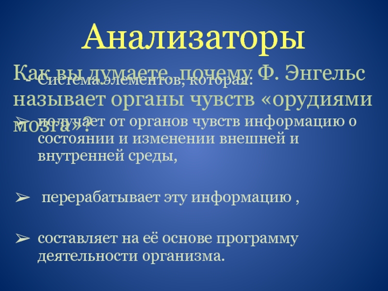 Чувство информации. Назовите анализаторы ощущений,. Анализаторы внешней и внутренней среды. Роль анализаторов в жизнедеятельности организма.. Какой анализатор является основным источником информации.