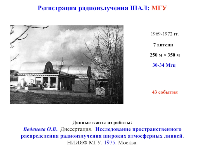 30-34 Мгц 7 антенн Регистрация радиоизлучения ШАЛ: МГУ  1969-1972 гг. 43
