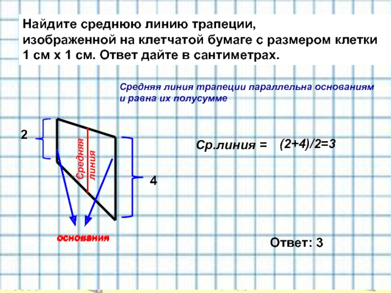 Найдите среднюю линию трапеции,  изображенной на клетчатой бумаге с