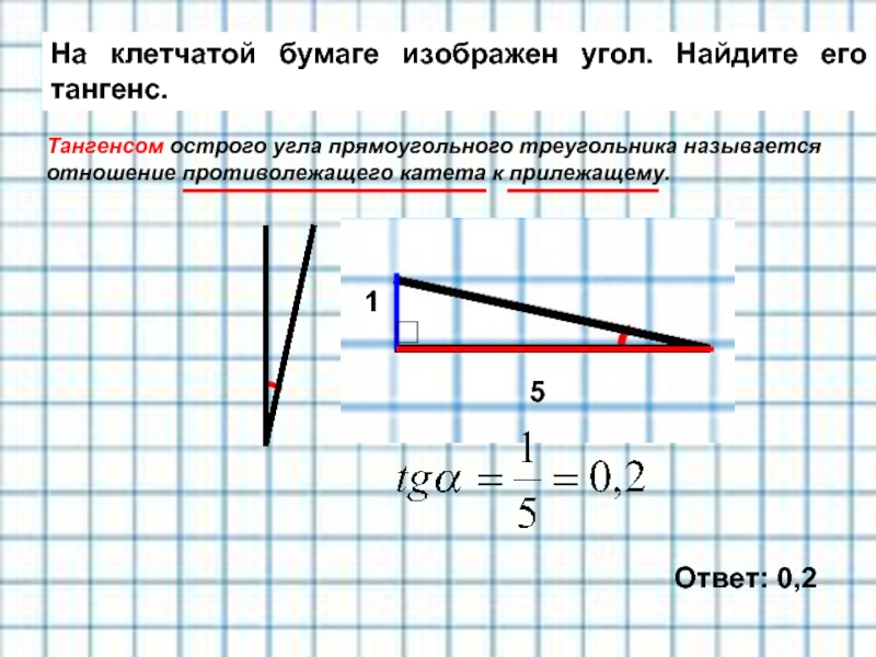 На клетчатой бумаге изображен угол. Найдите его тангенс.  Тангенсом острого угла