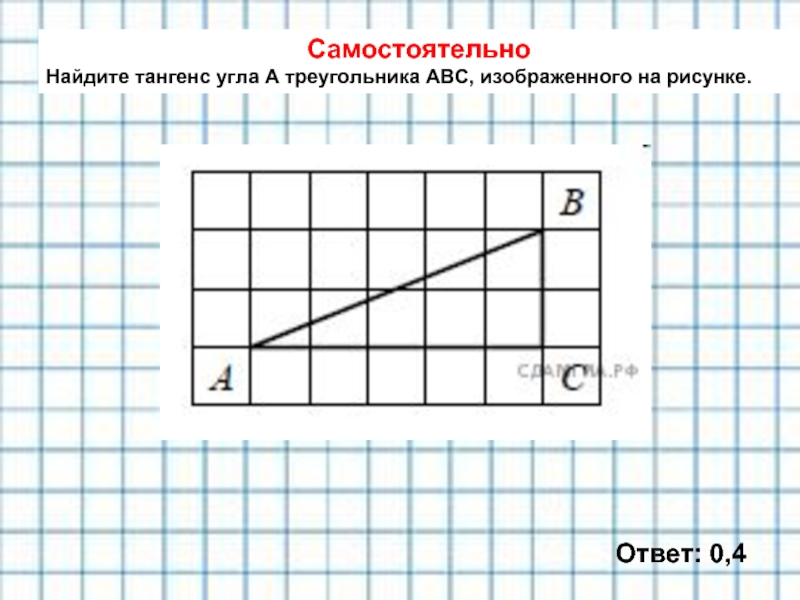 Самостоятельно Найдите тангенс угла А треугольника АВС, изображенного на рисунке. Ответ: 0,4