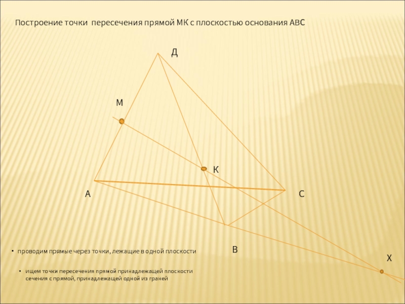 Точка n лежит на прямой mk. Построить точку пересечения прямой и плоскости в тетраэдре.