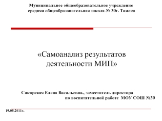 Самоанализ результатов
деятельности МИП



              Сикорская Елена Васильевна., заместитель директора 
                                                     по воспитательной работе  МОУ СОШ №30


19.05.2011г.