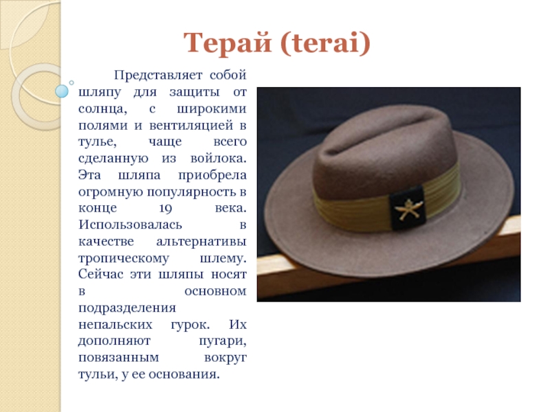 Терай (terai)   Представляет собой шляпу для защиты от солнца,