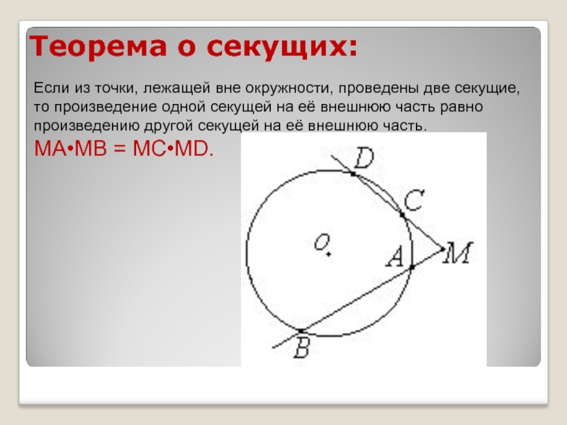 Теорема о произведении отрезков. Теорема о секущих. Если из точки лежащей вне окружности. Свойство секущих проведенных к окружности из одной точки. Теорема о секущих к окружности.