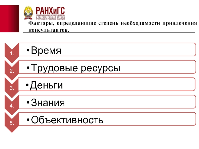 Степень необходимости. Факторы, определяющие необходимость привлечения консультантов.. Фактор привлечения консультанта.