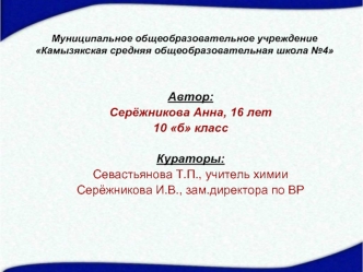 Автор:
Серёжникова Анна, 16 лет
10 б класс

Кураторы:
Севастьянова Т.П., учитель химии
Серёжникова И.В., зам.директора по ВР