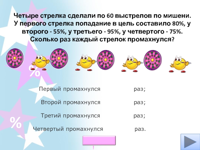 Стрелок 4 раза по мишеням. Стрелок делает 3 выстрела по мишени. Равное количество попаданий в цель. Как определить среднее число попаданий в мишень. Четыре стрелка сделали по 60 выстрелов по мишени.