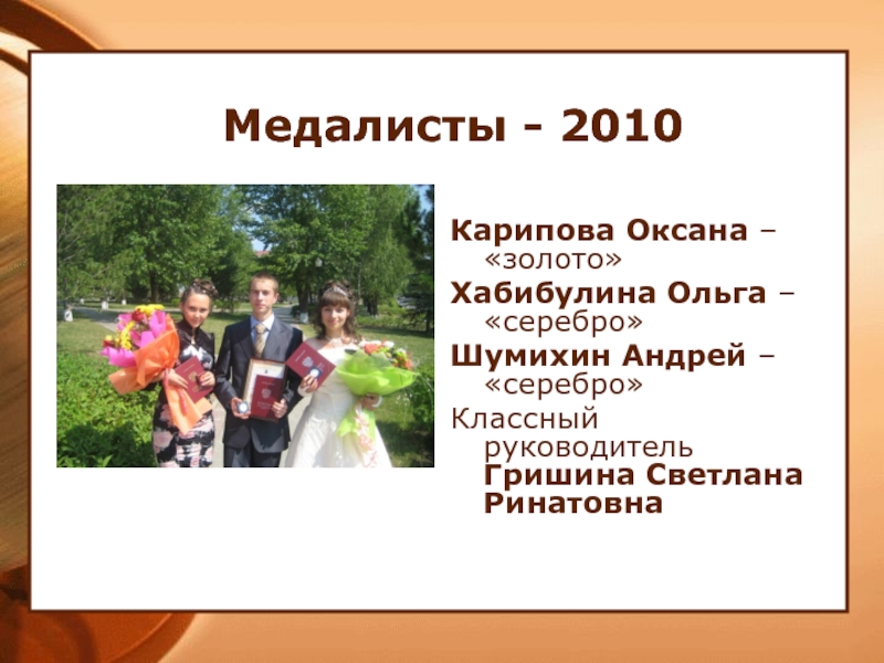 Медалисты - 2010  Карипова Оксана – «золото» Хабибулина Ольга – «серебро»