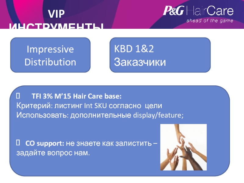 VIP ИНСТРУМЕНТЫImpressive DistributionKBD 1&2 Заказчики TFI 3% M’15 Hair Care base:Критерий: