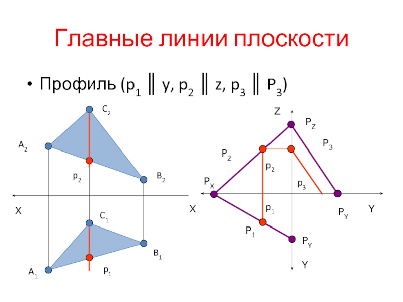 Главные линии плоскости Профиль (p1 ║ y, p2 ║ z, p3 ║ P3)