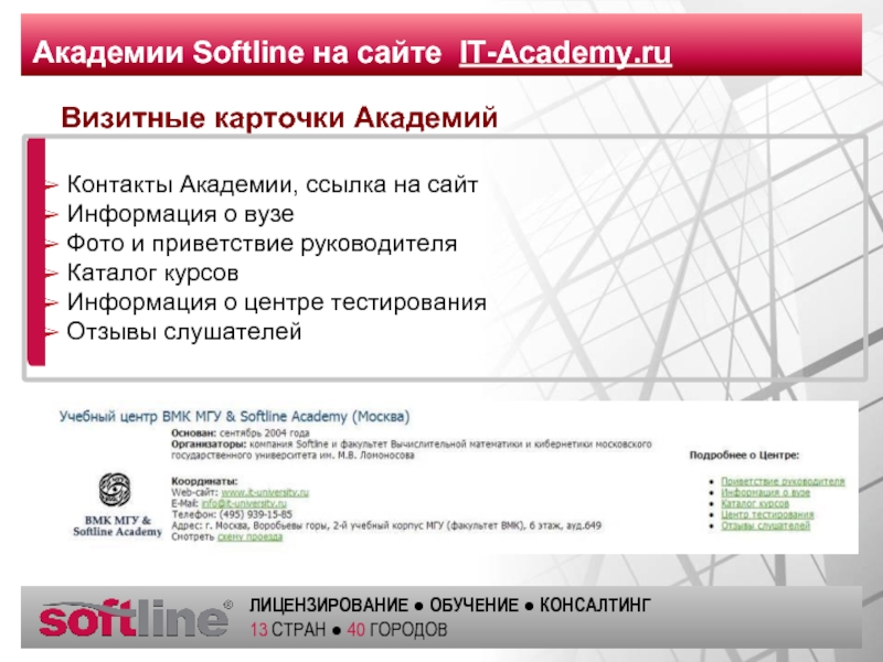 Академии Softline на сайте IT-Academy.ruВизитные карточки Академий Контакты Академии, ссылка на