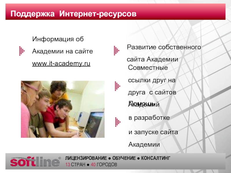 Развитие собственного сайта Академии Поддержка Интернет-ресурсов Информация об Академии на сайте www.it-academy.ru