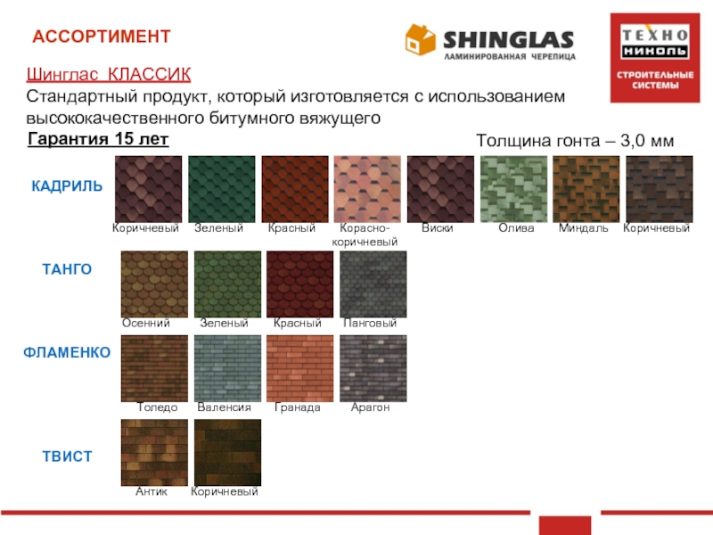 Шинглас КЛАССИК Стандартный продукт, который изготовляется с использованием высококачественного битумного вяжущегоАССОРТИМЕНТ