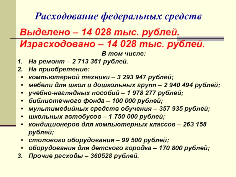 Расходование федеральных средствВыделено – 14 028 тыс. рублей.Израсходовано – 14 028