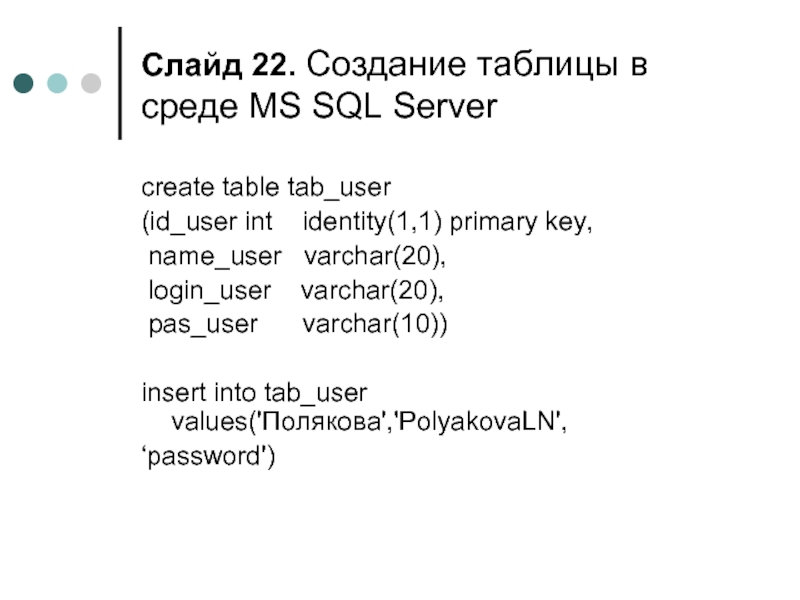 Слайд . Создание таблицы в среде MS SQL Server create table tab_user