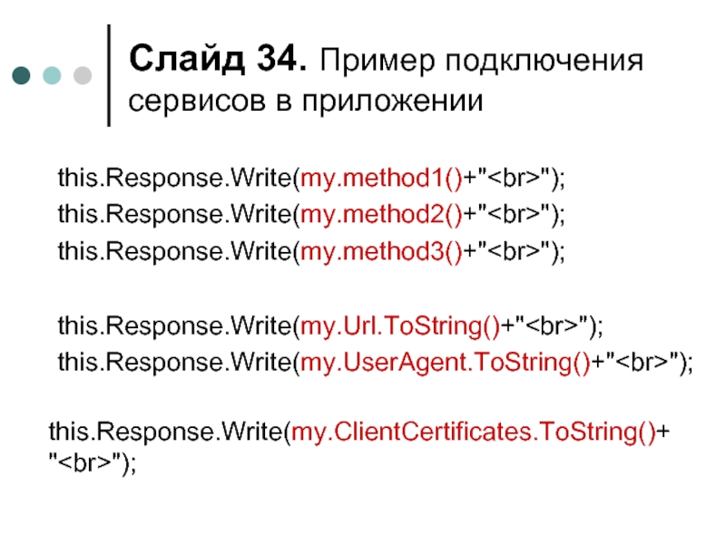 Слайд . Пример подключения сервисов в приложении 	this.Response.Write(my.method1()+