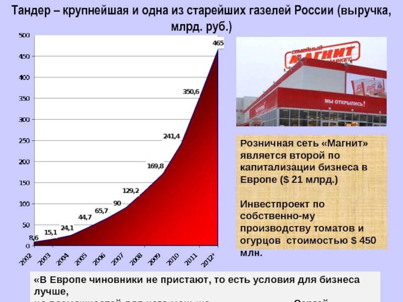 Тандер – крупнейшая и одна из старейших газелей России (выручка, млрд.