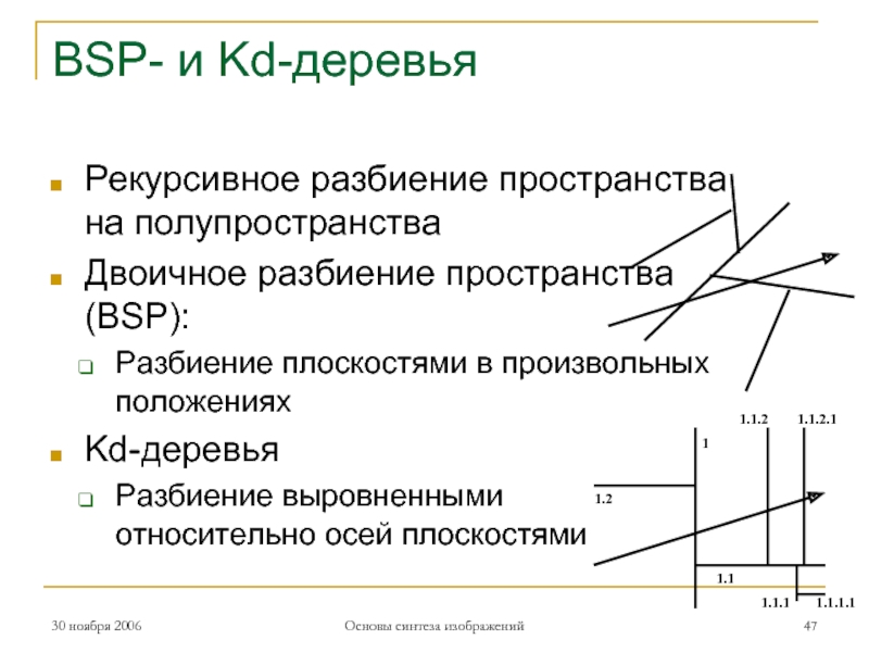 BSP- и Kd-деревьяРекурсивное разбиение пространства на полупространстваДвоичное разбиение пространства (BSP):Разбиение плоскостями