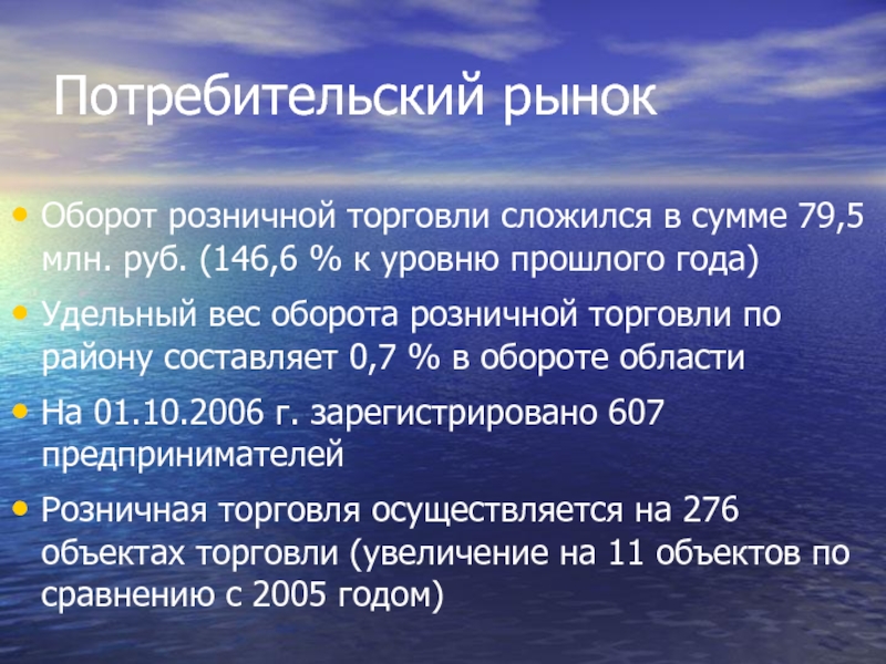 Потребительский рынокОборот розничной торговли сложился в сумме 79,5 млн. руб. (146,6